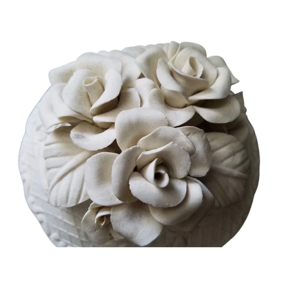 White Bisque Porcelain Rose Trinket Box 3D Floral Basketweave Jewelry Dish Lid